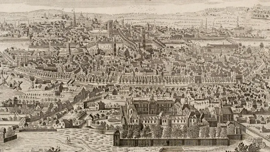 Vue de Paris, avec au premier plan, l'hôpital Saint-Louis ; Antoine Aveline, XVIIe siècle, gravure. 