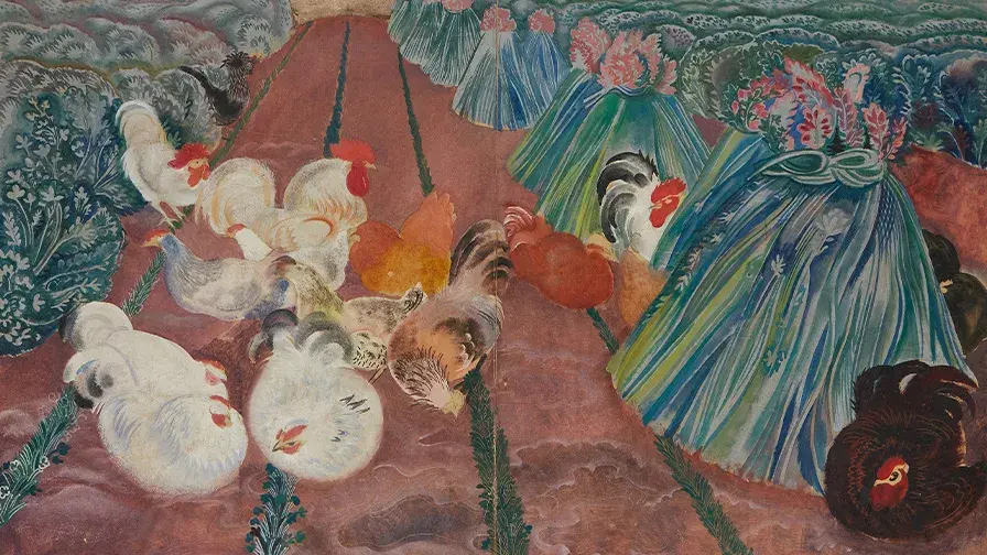 «Coqs et poules ». Paravent à quatre feuilles articulées, huile et feuille d’argent sur toile