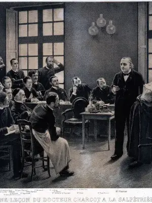 Louis-Eugène Pirodon (1824-1917), Une leçon du Docteur Charcot à la Salpêtrière, 1897, lithographie, Musée de l’AP-HP, inv. AP 1188. 
