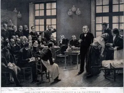 Louis-Eugène Pirodon (1824-1917), Une leçon du Docteur Charcot à la Salpêtrière, 1897, lithographie, Musée de l’AP-HP, inv. AP 1188. 