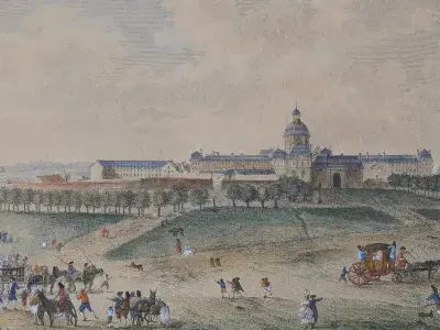 Savard, Vue de la Salpêtrière, prise du boulevard, XVIIIe siècle, H. 41,50 cm x l. 52,00 cm, papier, Musée de l’Assistance publique – Hôpitaux de Paris, inv. AP 64